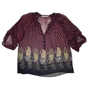 Whimsigoth Blouse Sz.L 100% Silk Printed Paisley Sheer Peasant Festival Boho